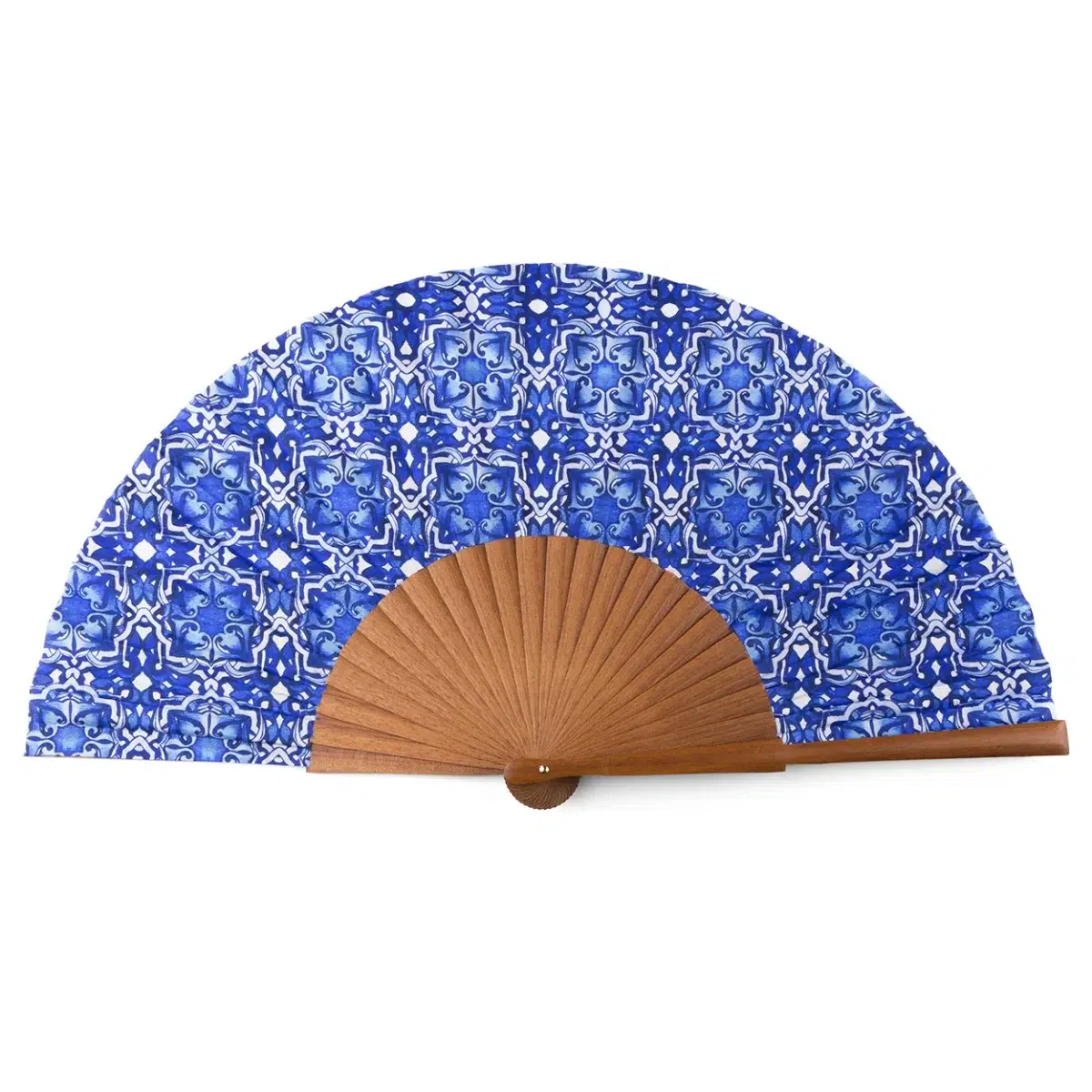 Blue and white silk fan with natural wood ribs.