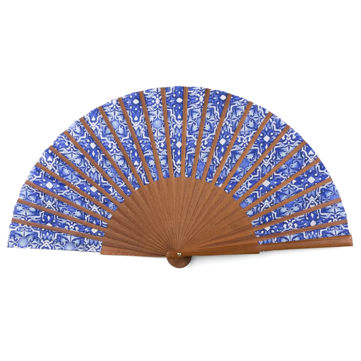 Back side of a blue and white fan with bocapi wood ribs.