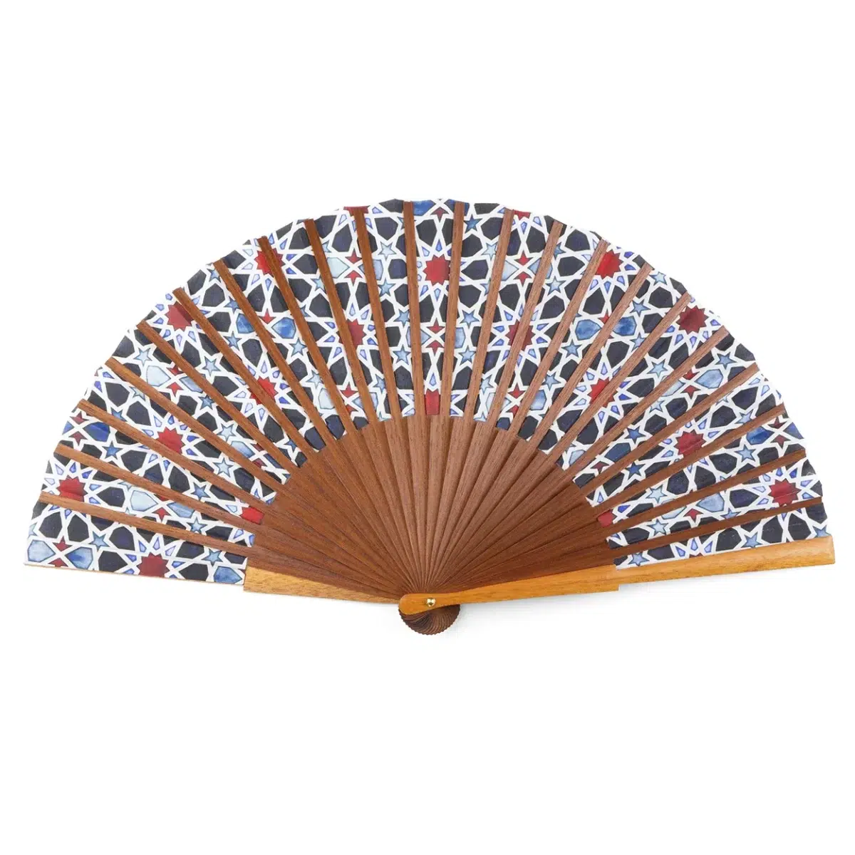 Silk fan with natural wood, inspired by Arab mosaics.