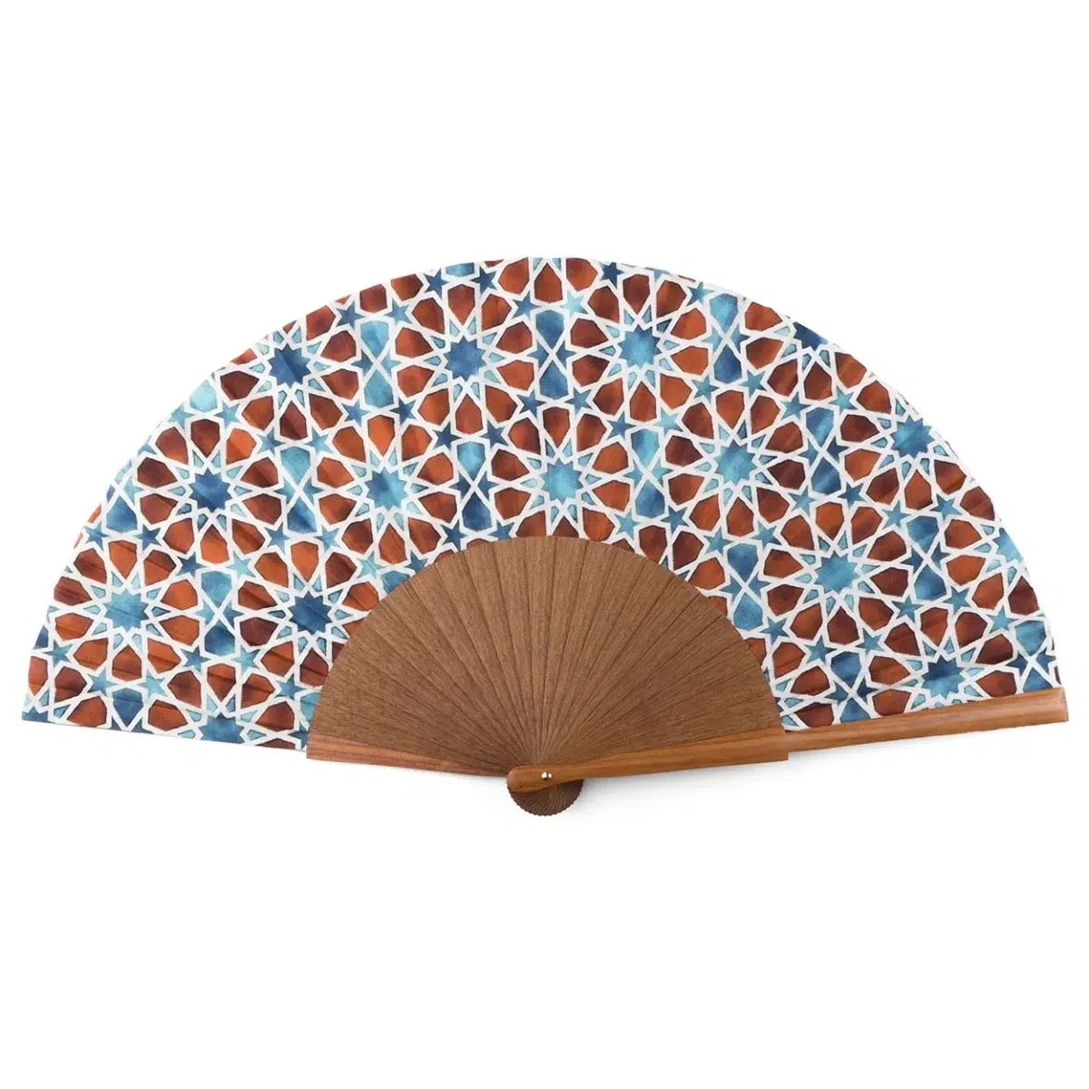 Blue and brown silk hand fan with islamic art inspired print