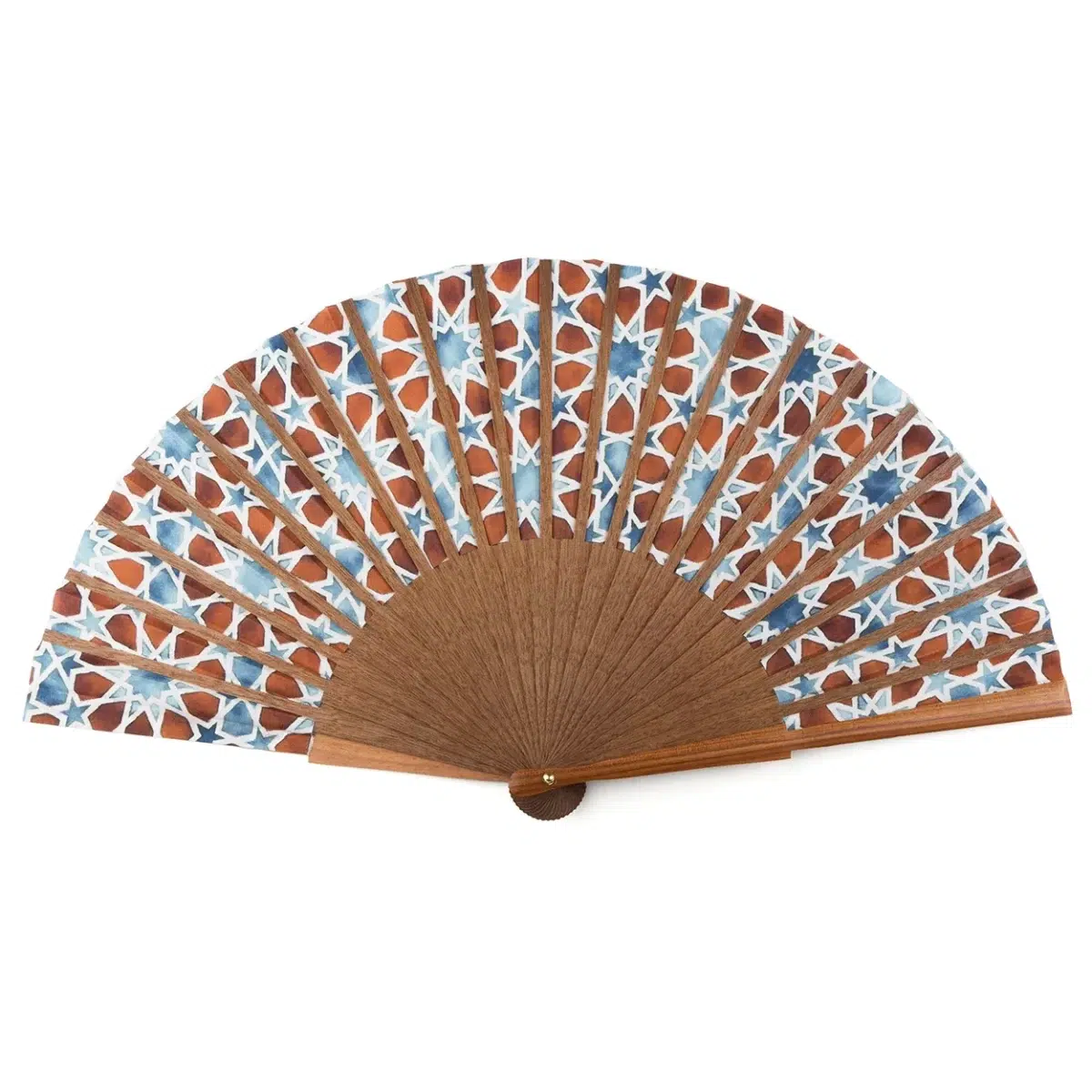 Brown and blue silk & wood hand fan