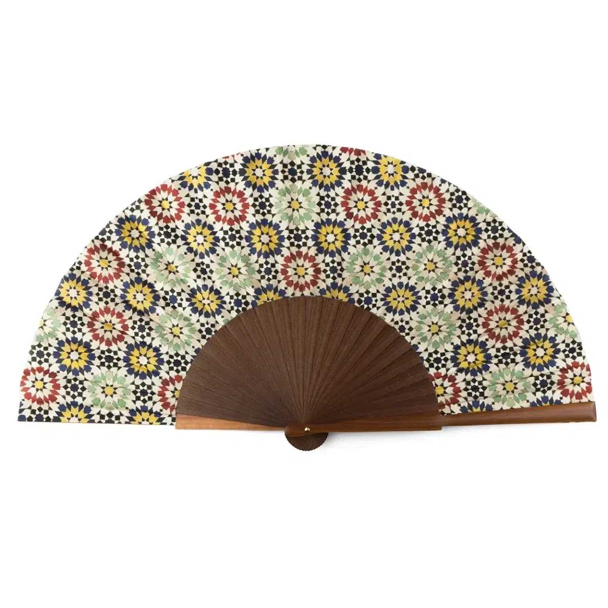 Handcrafted Silk Fan with Multicolored Print Inspired by Islamic Art