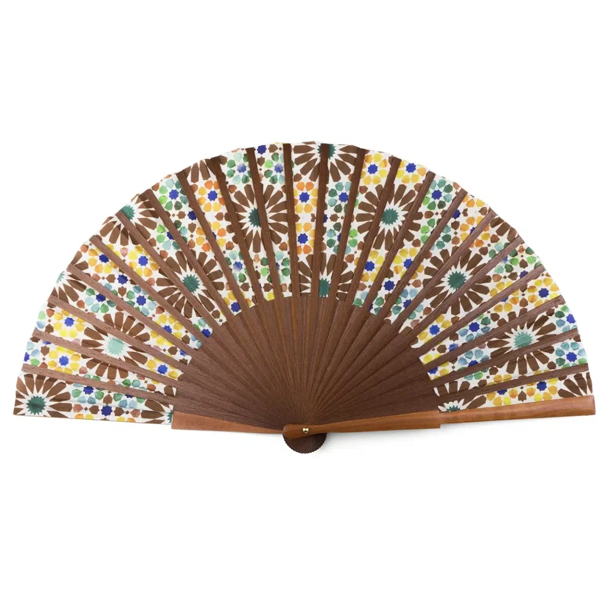 Silk and Wood Fan with Arabesques Inspired by the Islamic Geometry of the Alhambra of Granada.