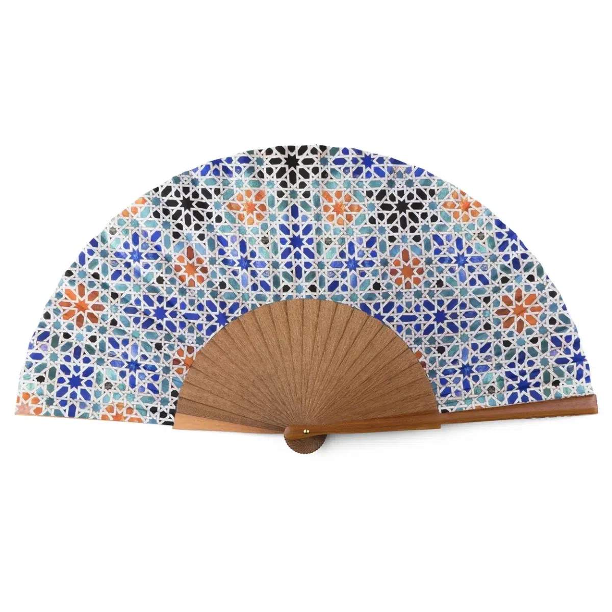 Multicolored Silk Fan with Geometric Print Inspired by Morocco.
