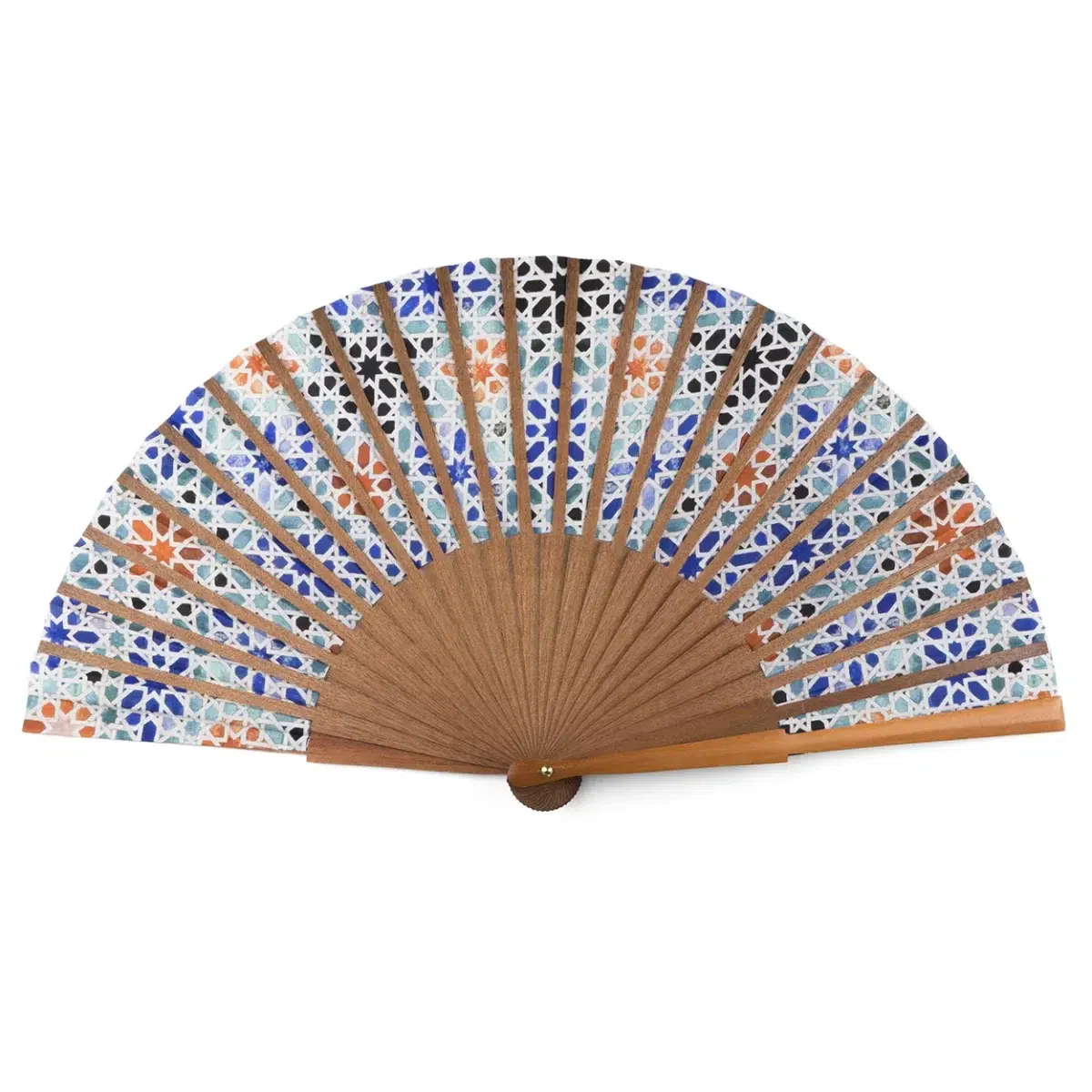 Multicolored Silk Fan with a Print Inspired by the Tiles and Mosaics of Morocco.