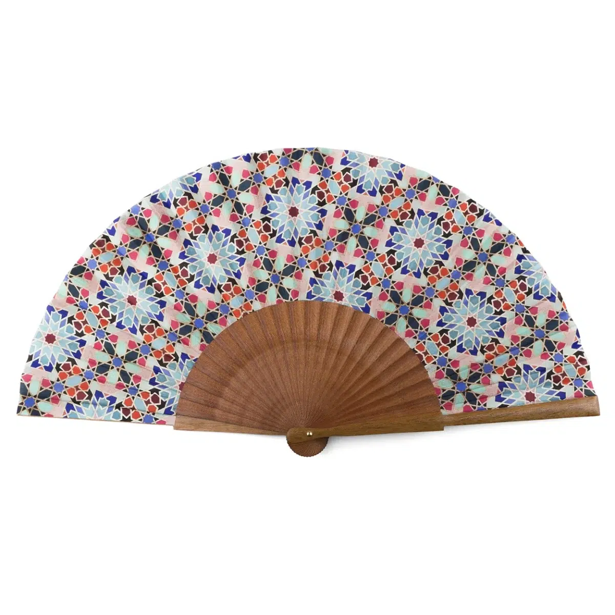 Silk and Wood Fan with Multicolored Arabesque Geometry Print.