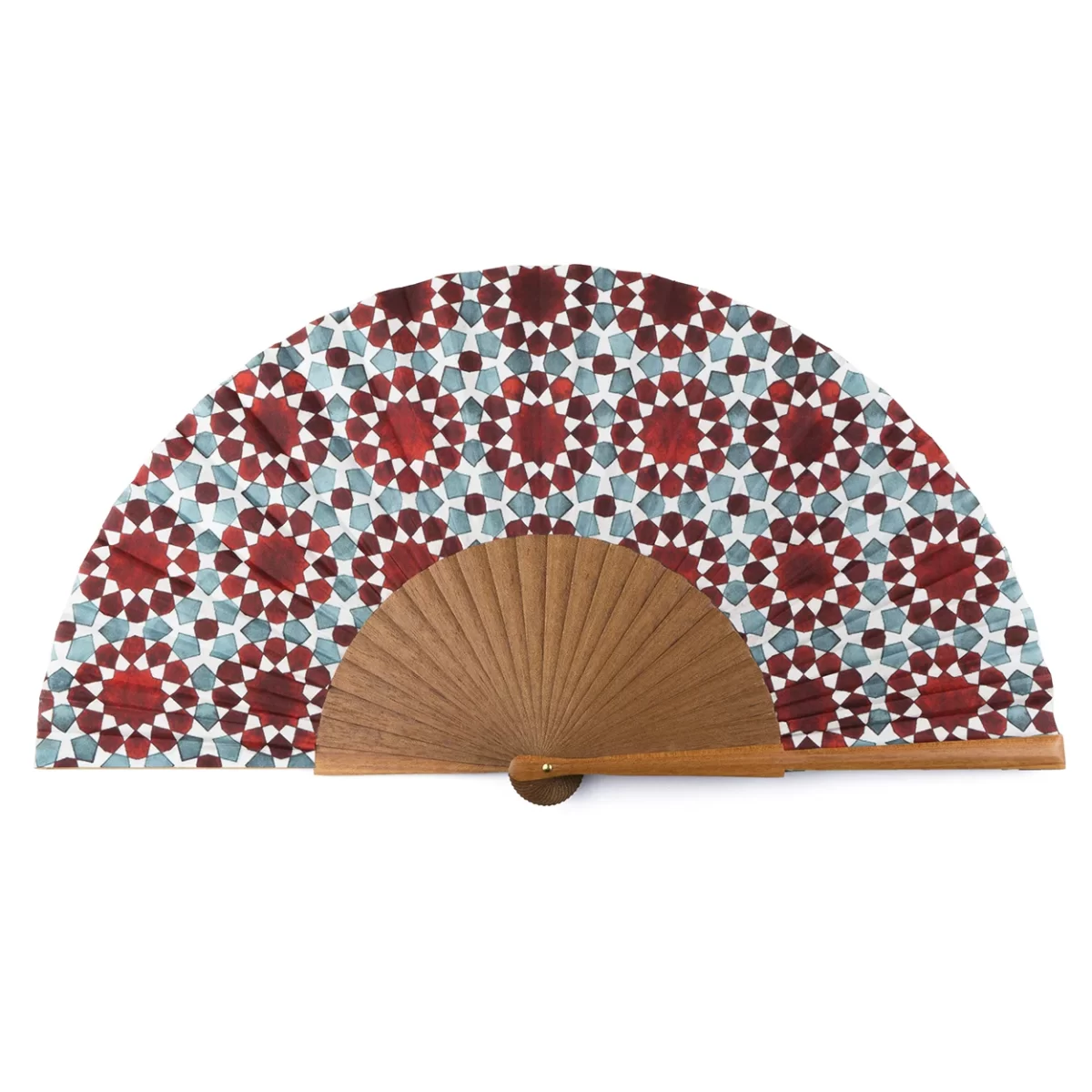 Blue and Red Silk Fan with Print Inspired by the Islamic Geometry of Al-Andalus.