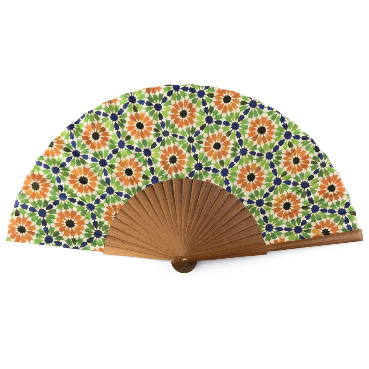Silk Fan with Andalusian Print in Green, Orange, and Blue