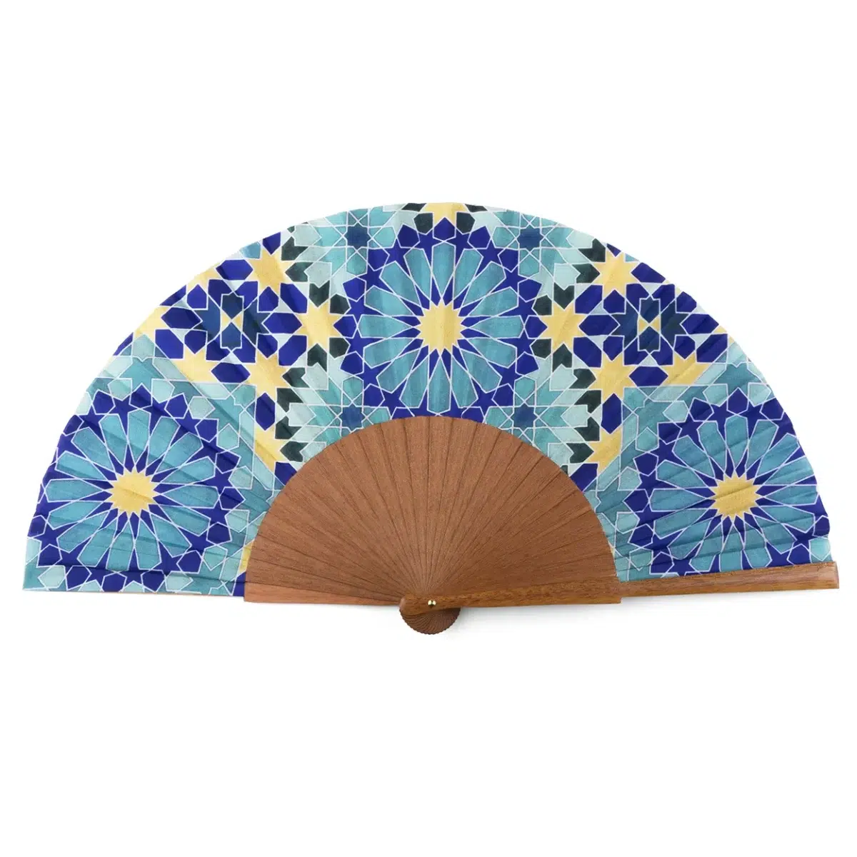 Silk Fan with Blue and Gold Tones and Design Inspired by Islamic Geometry.
