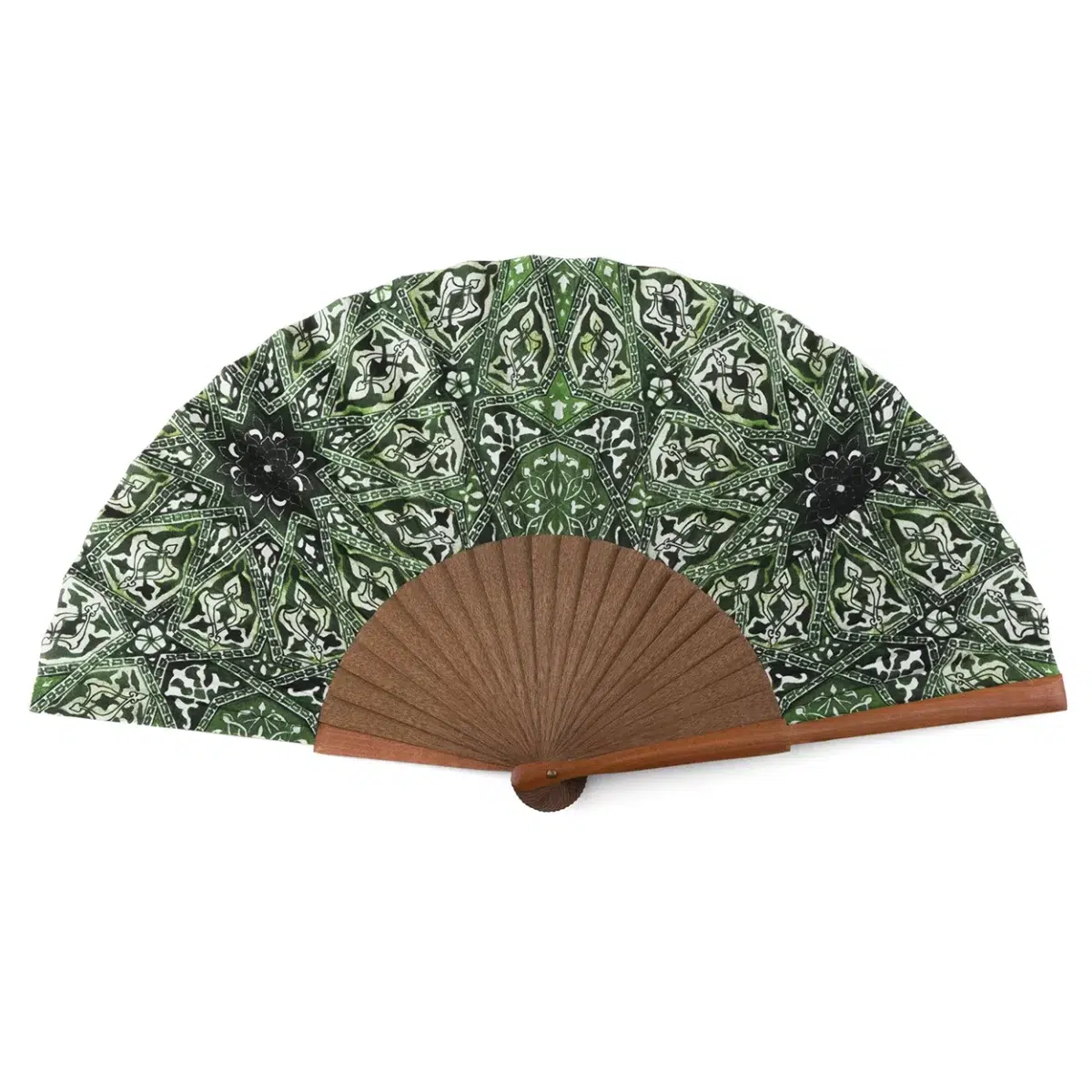 Green Silk Fan with Print Inspired by Islamic Geometry