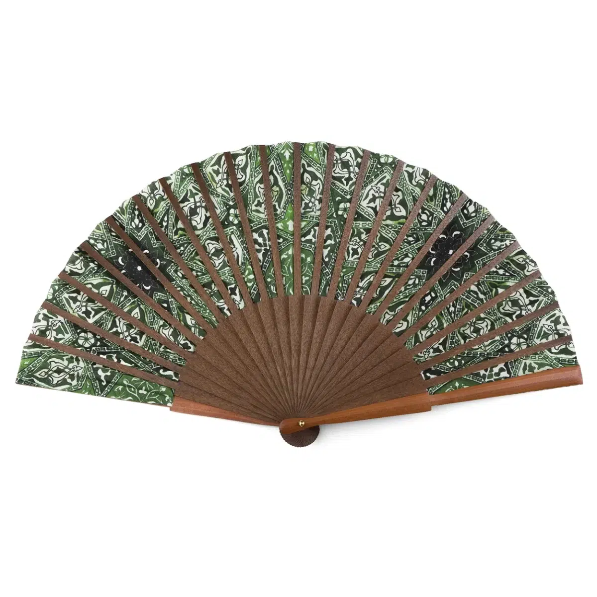 Green Silk Fan with Natural Wood.