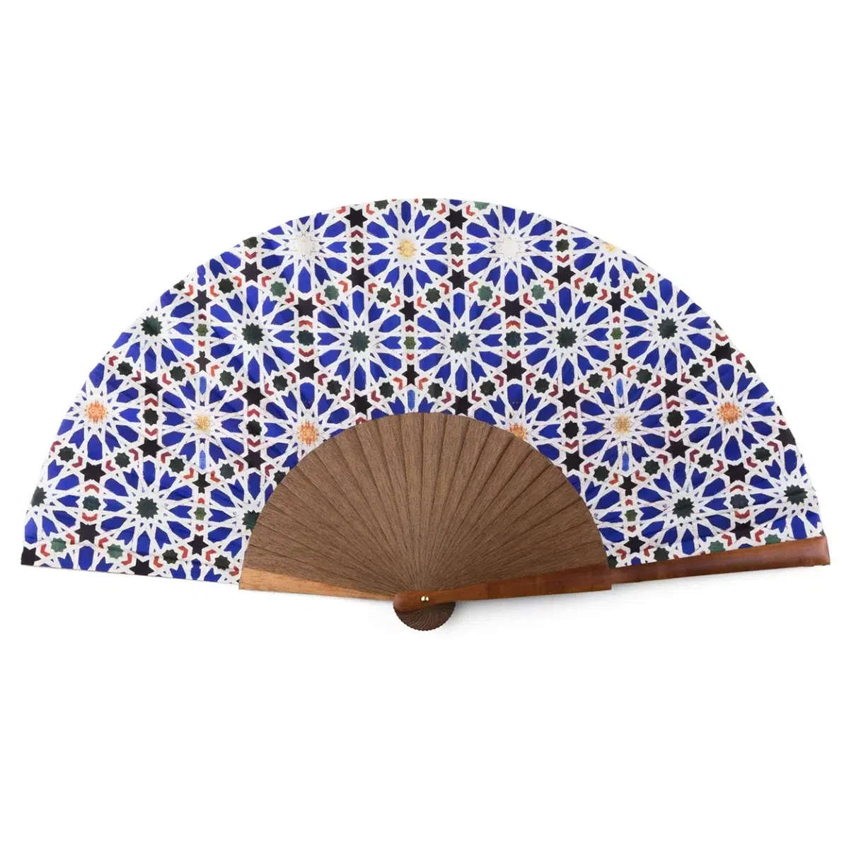 Natural Silk Fan with Blue and White Print Inspired by the Arabic Mosaics of the Alcazar of Seville.