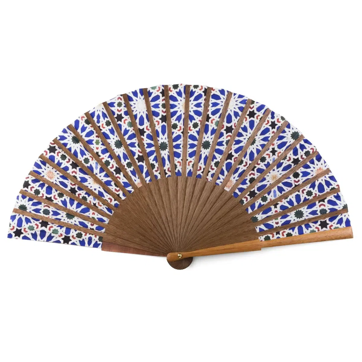 Blue and White Silk Fan with Natural Wood Ribs, Inspired by the Mosaics of the Alcazar of Seville.