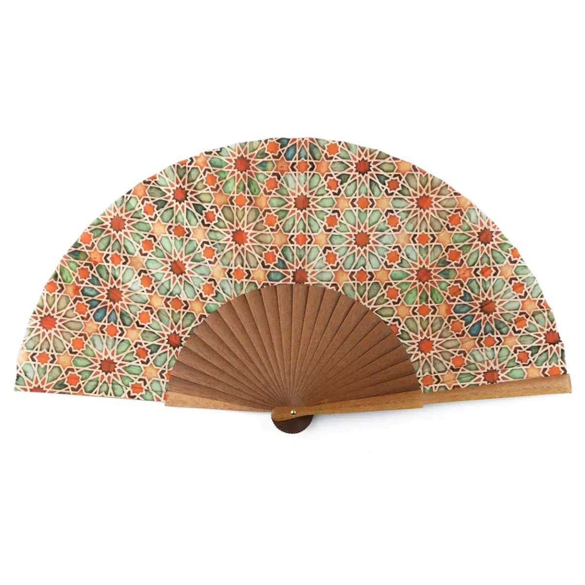 Orange Silk Fan with Design Inspired by the Latticework of the Alhambra of Granada.