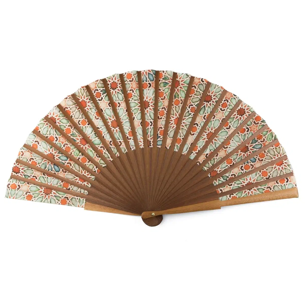 Natural Silk and Wood Fan with Orange Print Inspired by the Latticework of Al-Andalus.