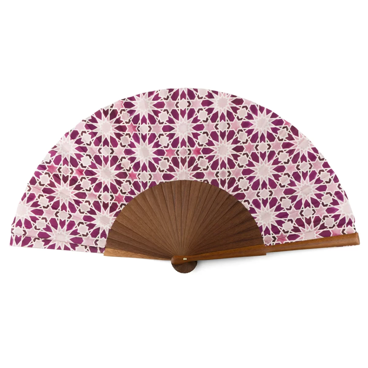 Pink Silk Fan with Print Inspired by the Latticework of the Alcazar of Seville.